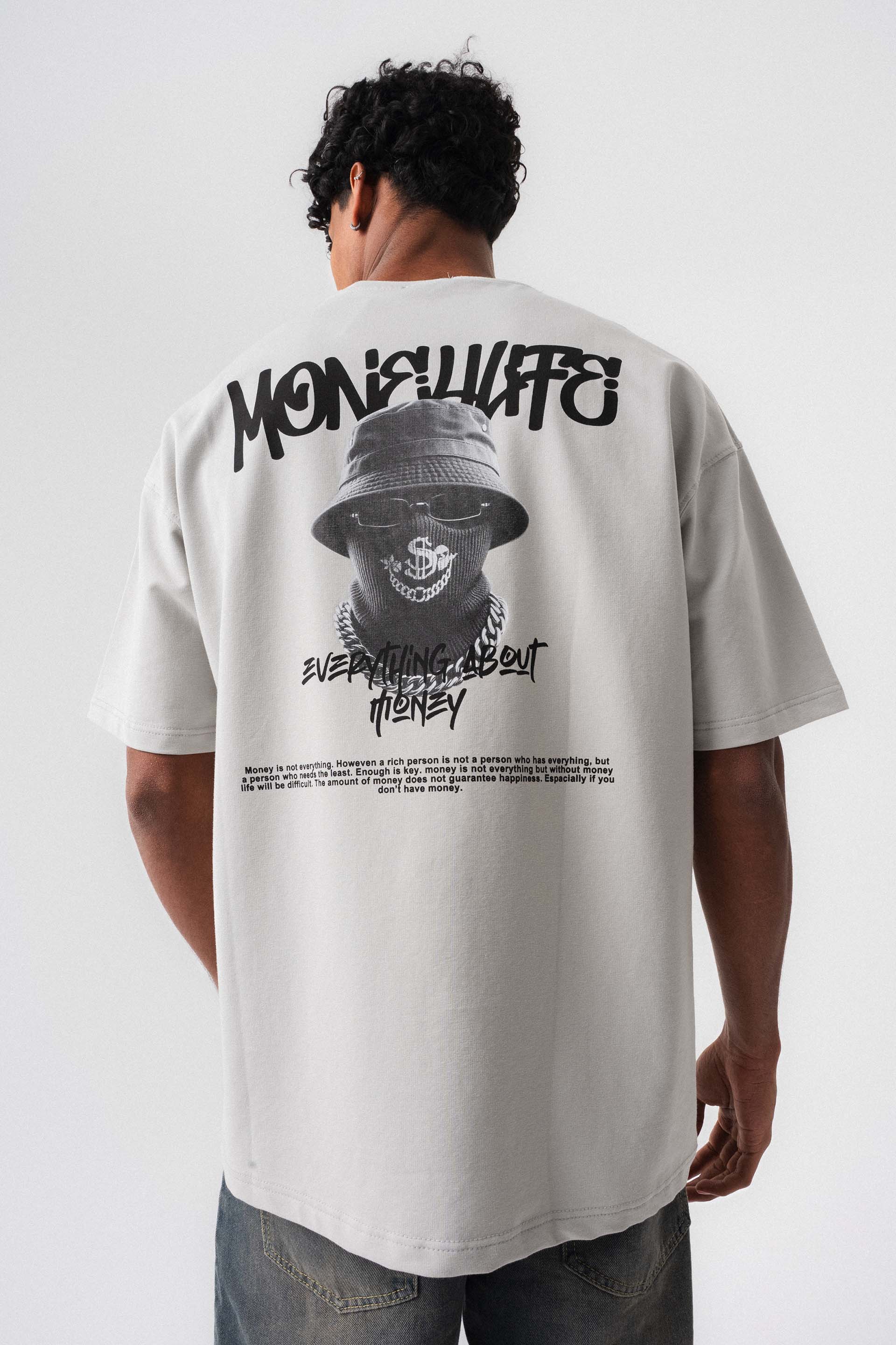 Everything About Money Gri Oversize Baskılı T-Shirt