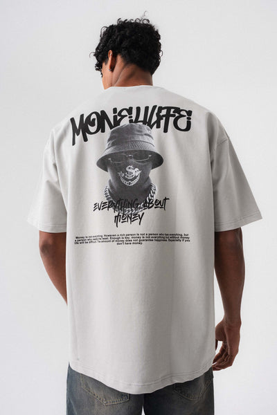 Everything About Money Gri Oversize Baskılı T-Shirt