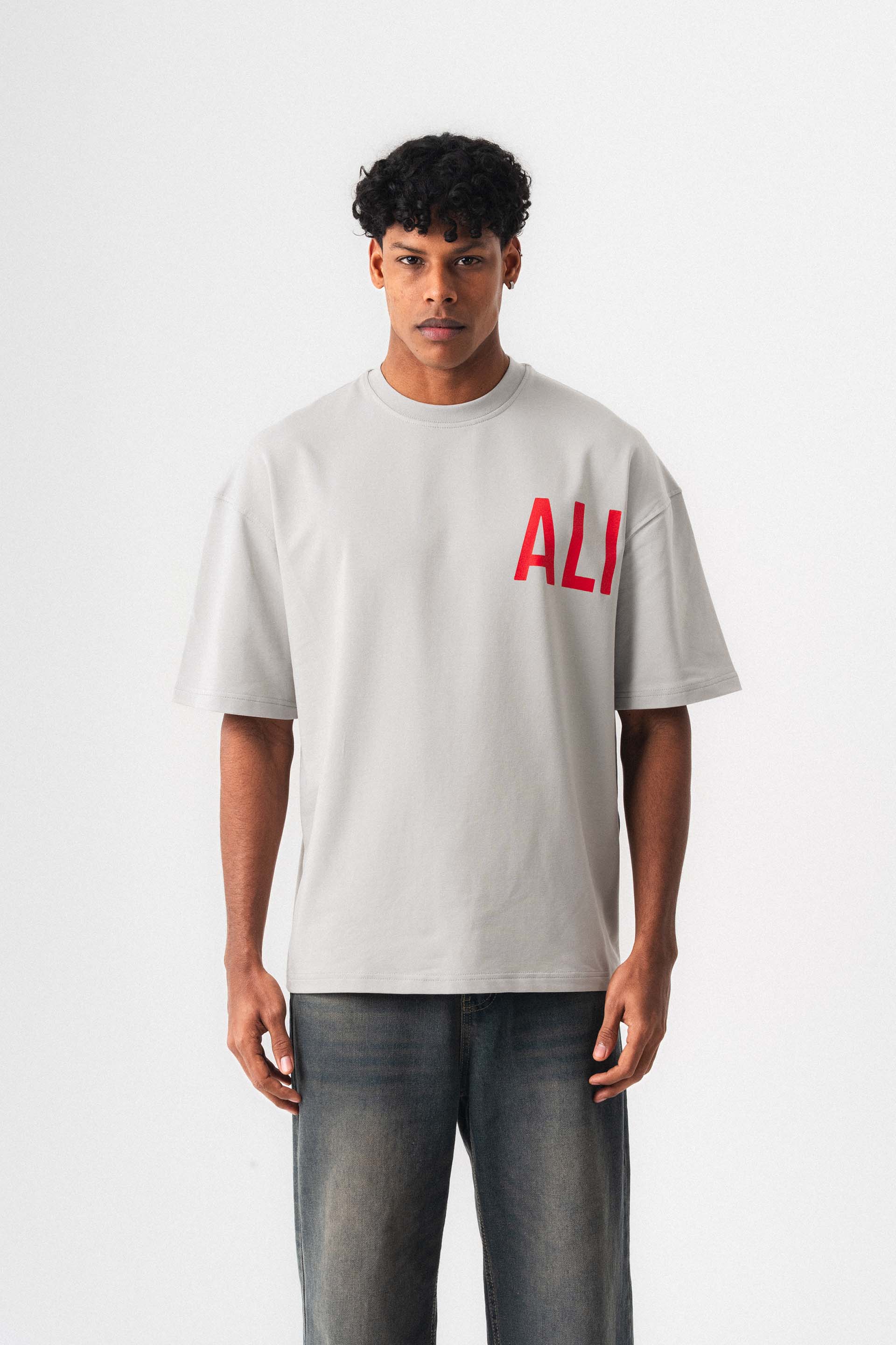 Muhammed Ali Gri Oversize Baskılı T-Shirt