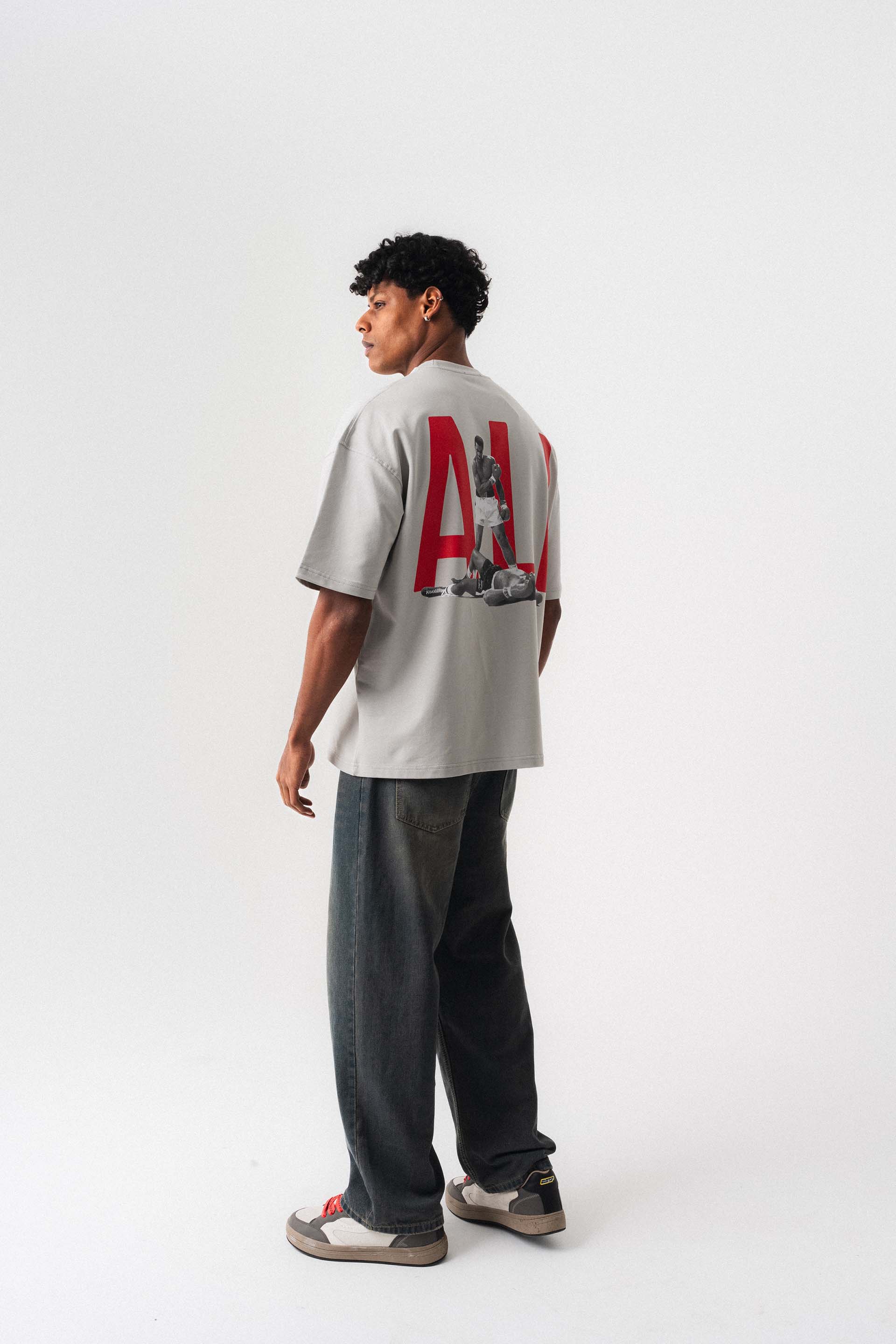 Muhammed Ali Gri Oversize Baskılı T-Shirt