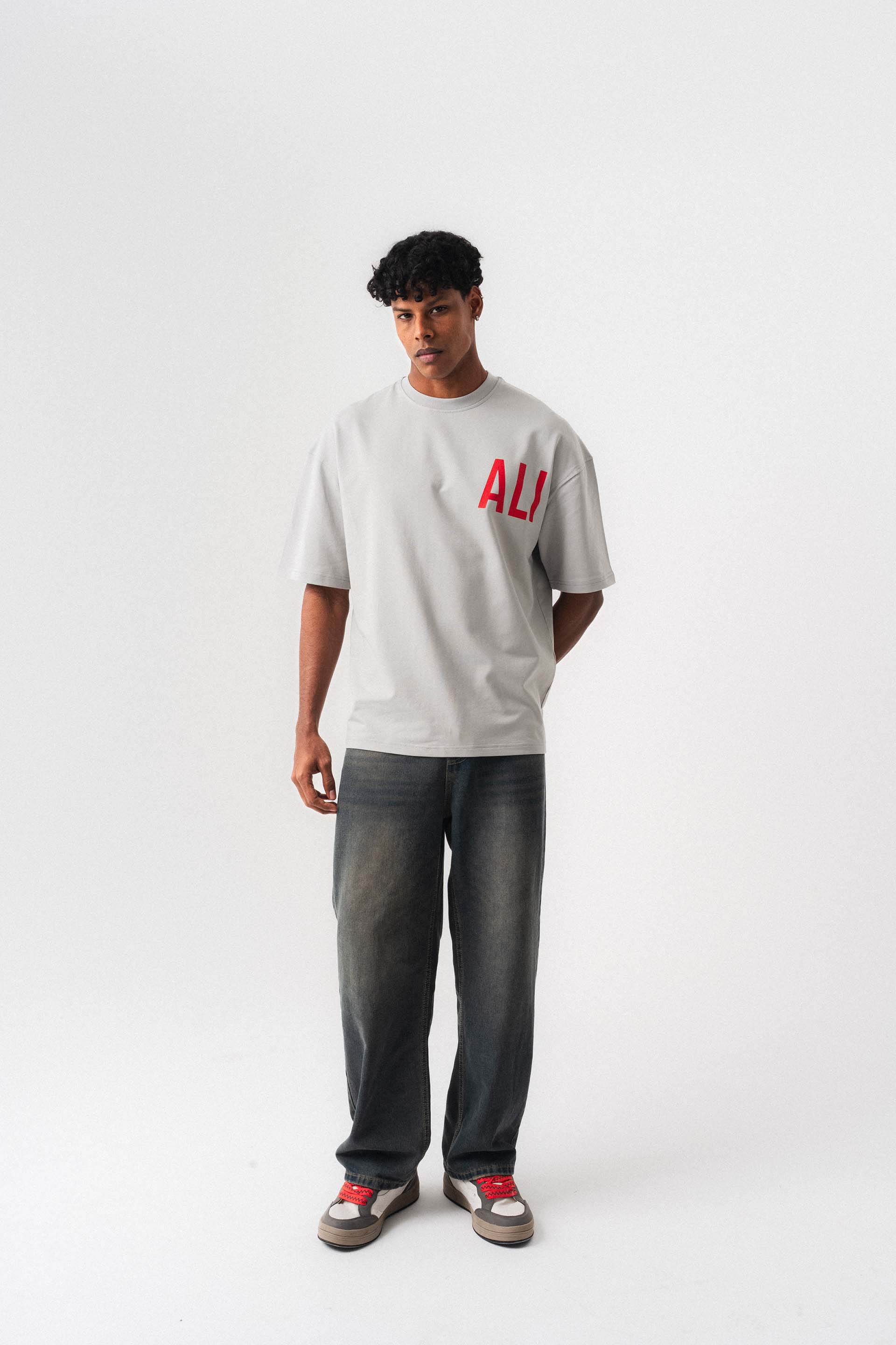 Muhammed Ali Gri Oversize Baskılı T-Shirt