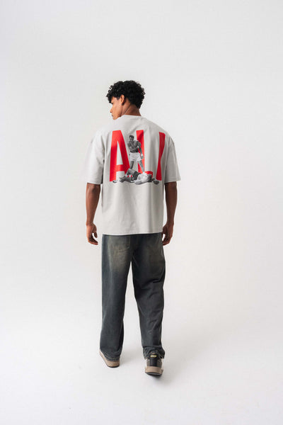 Muhammed Ali Gri Oversize Baskılı T-Shirt