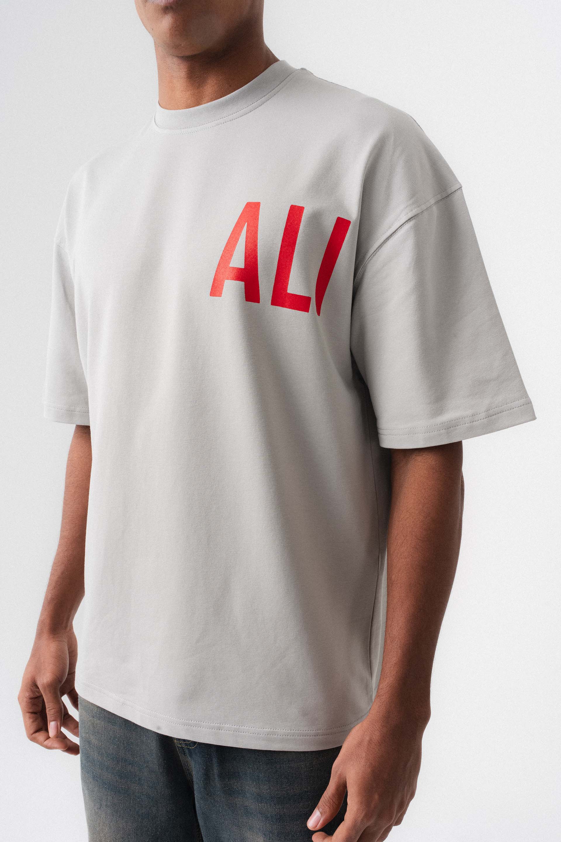 Muhammed Ali Gri Oversize Baskılı T-Shirt
