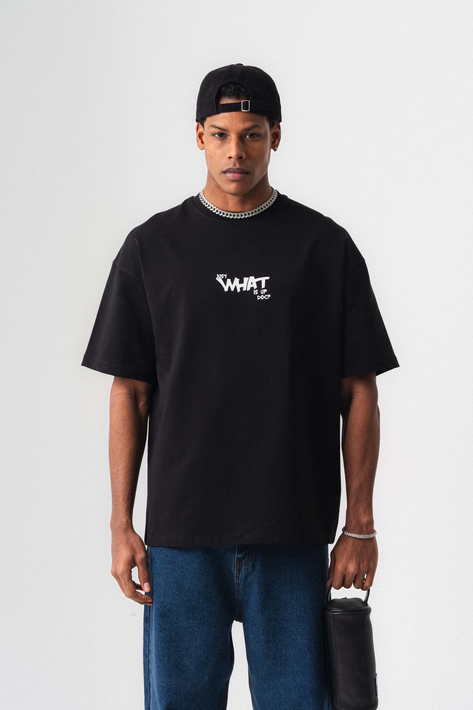 Just What Is Up Doc Siyah Oversize Baskılı T-Shirt