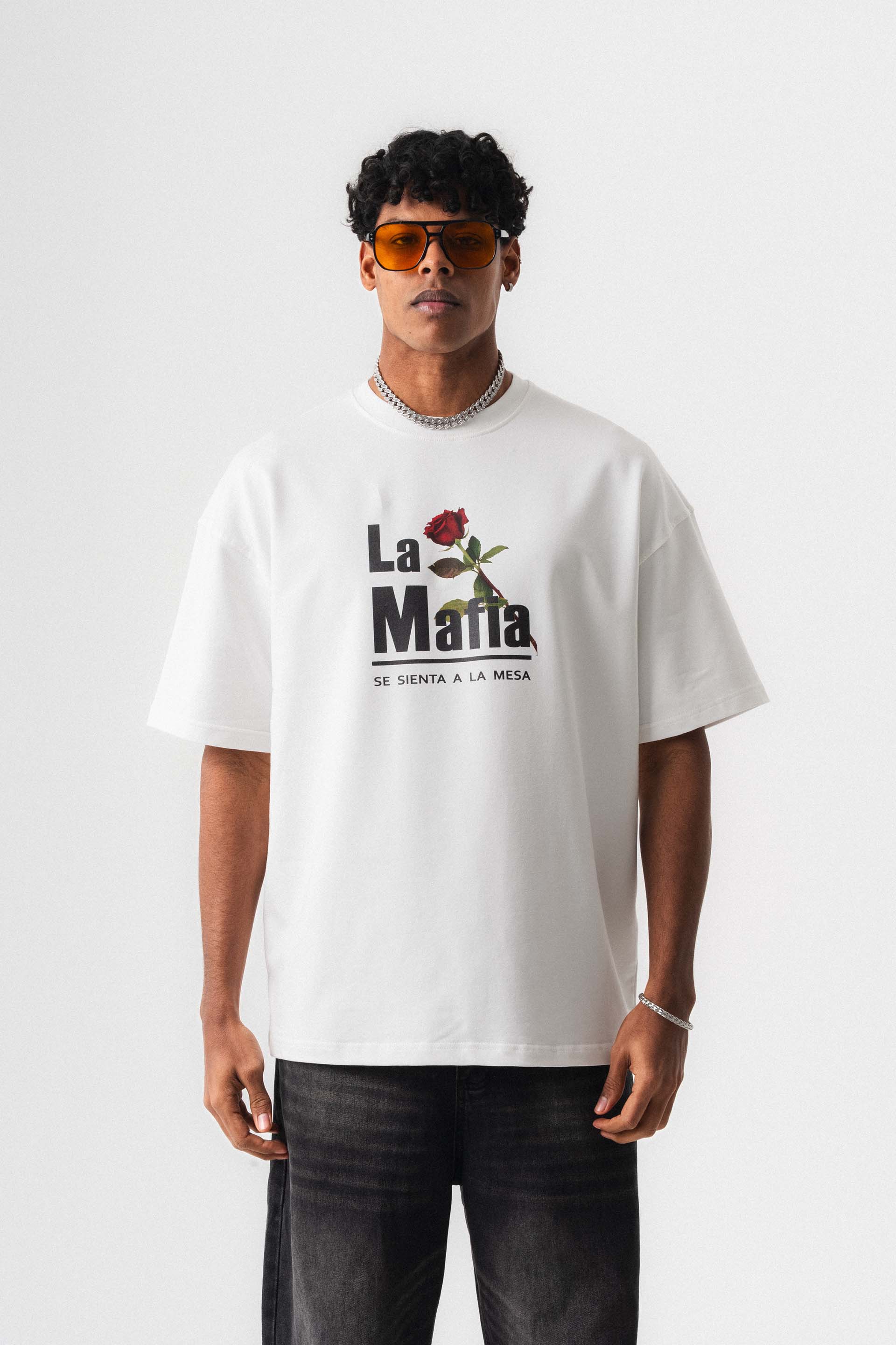 La Mafia Beyaz Oversize Baskılı T-Shirt