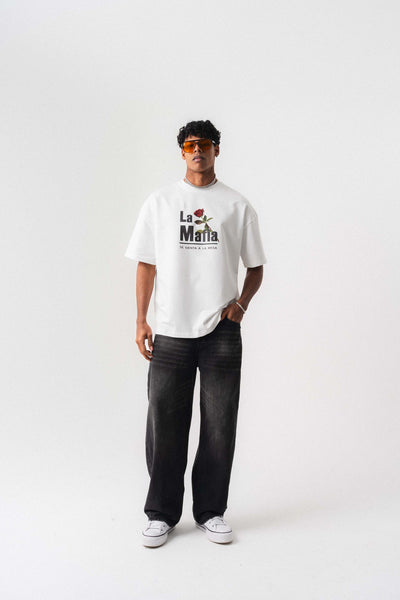 La Mafia Beyaz Oversize Baskılı T-Shirt