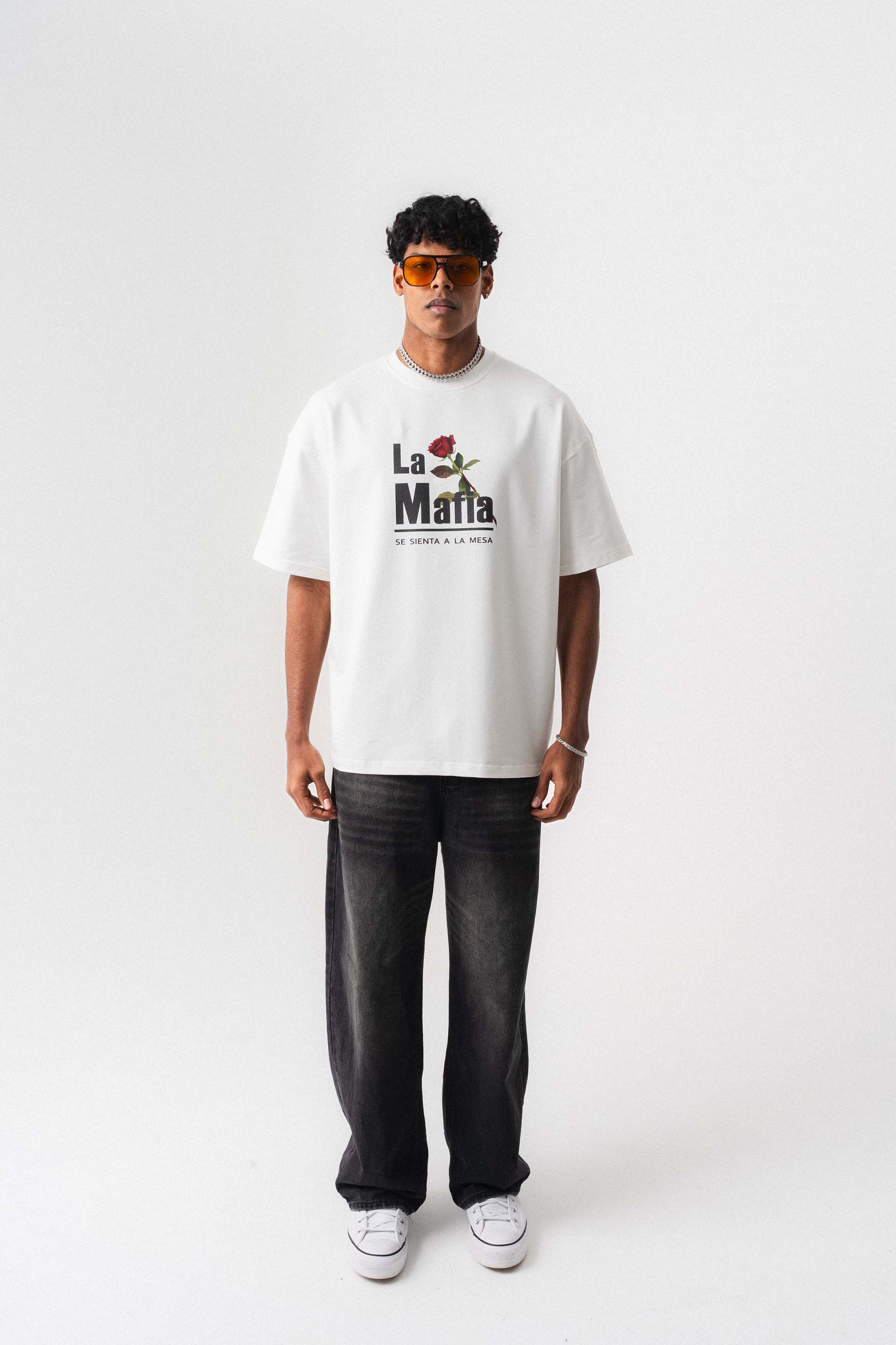 La Mafia Beyaz Oversize Baskılı T-Shirt