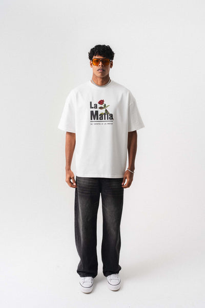 La Mafia Beyaz Oversize Baskılı T-Shirt