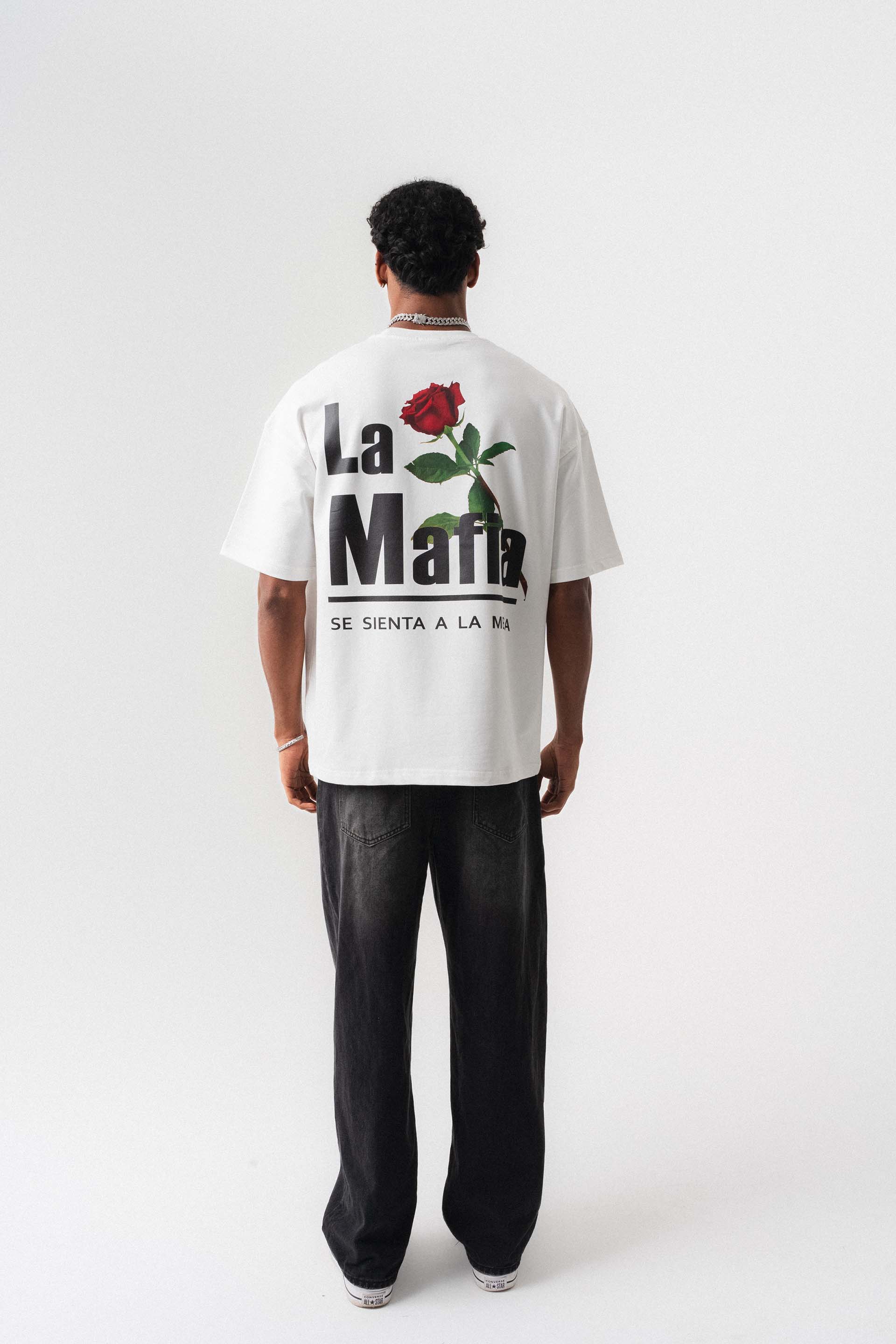 La Mafia Beyaz Oversize Baskılı T-Shirt