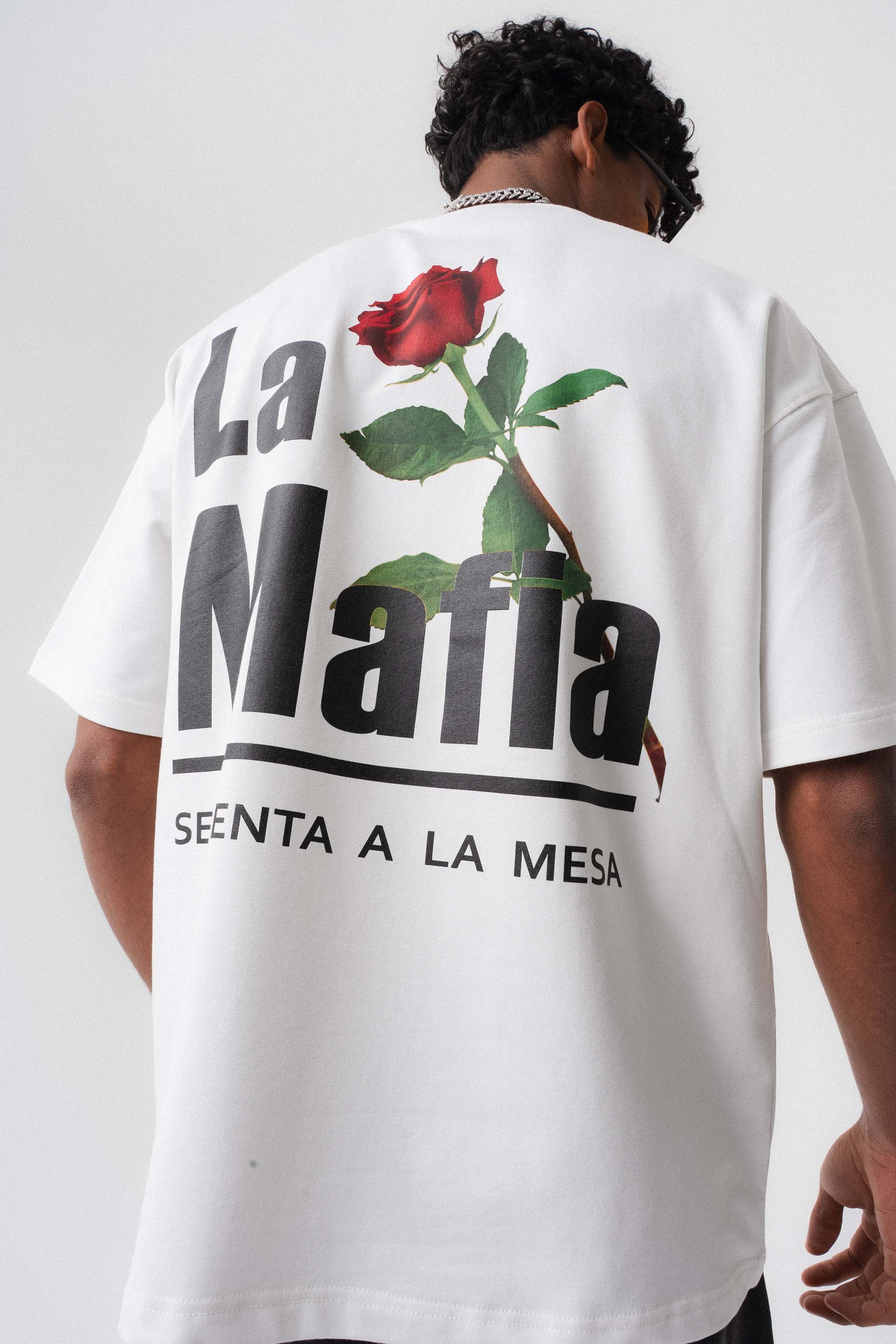 La Mafia Beyaz Oversize Baskılı T-Shirt