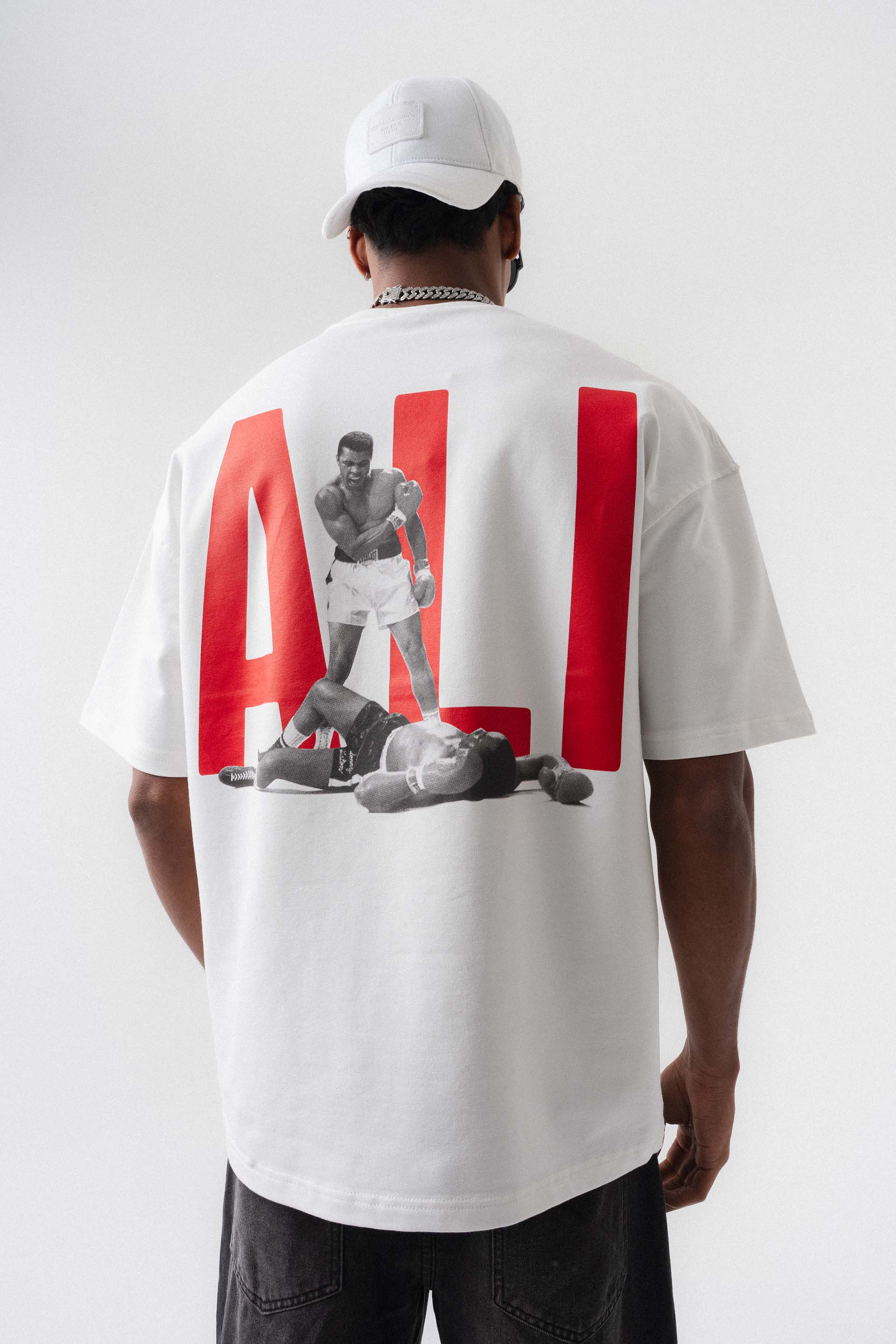 Muhammed Ali Beyaz Oversize Baskılı T-Shirt