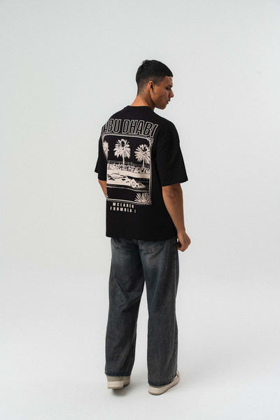 Abu Dabi Gold Kabartma Desenli Siyah Oversize Baskılı T-Shirt