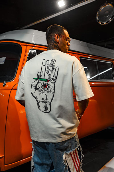 All Eyes On Me Cigarette Print Oversize White T-Shirt