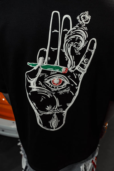 All Eyes On Me Cigarette Print Oversize Black T-Shirt