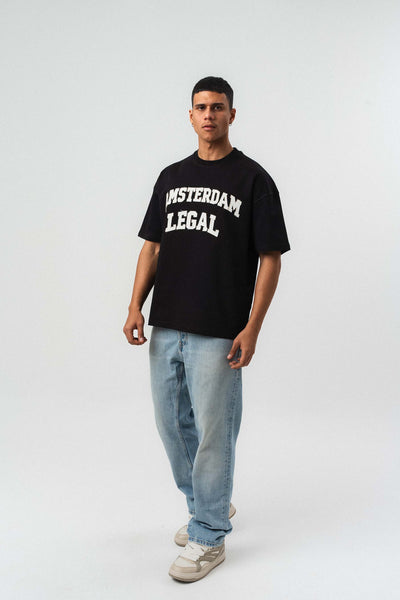 Amsterdam Legal Nakış Detaylı Siyah Oversize Baskılı T-Shirt