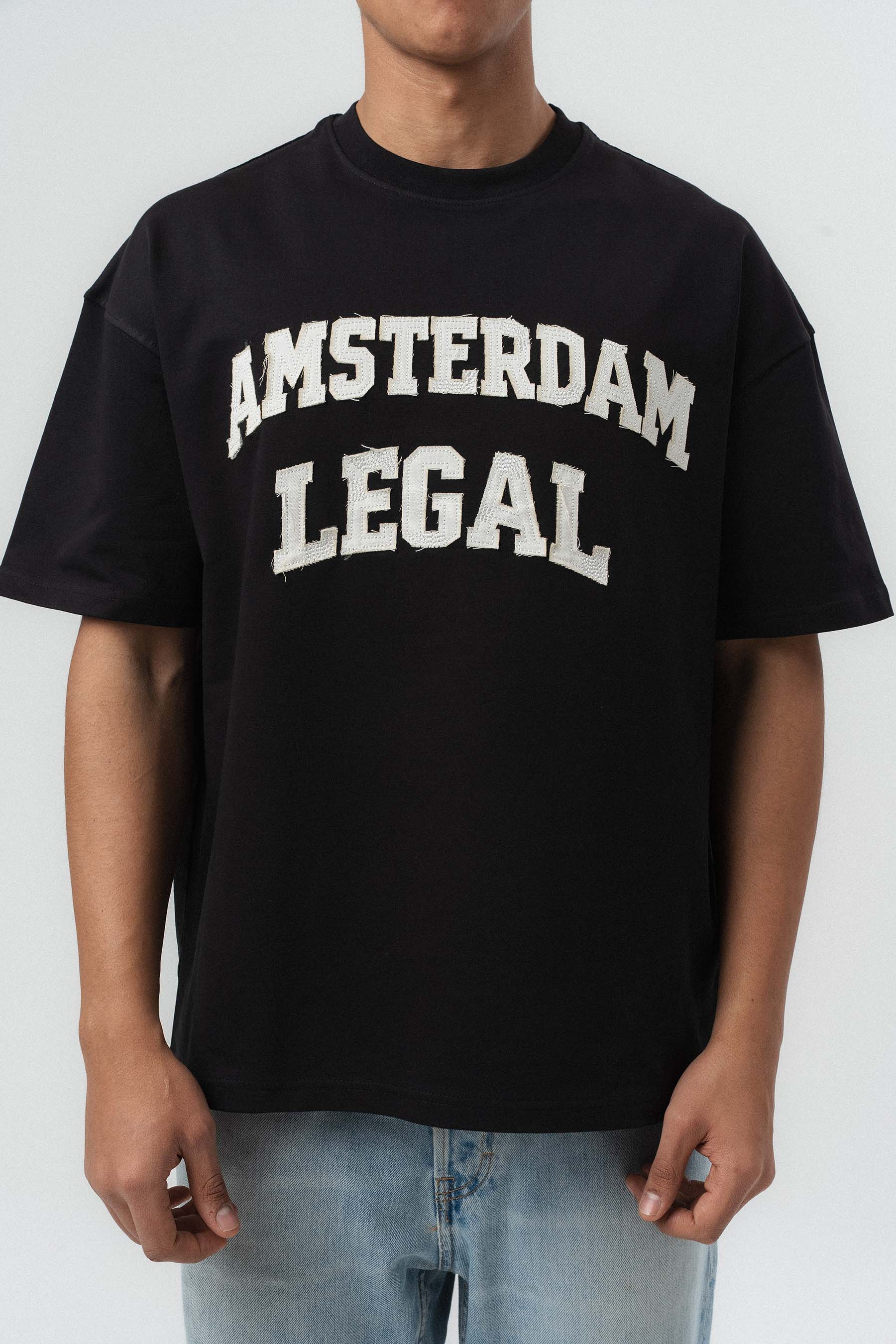 Amsterdam Legal Nakış Detaylı Siyah Oversize Baskılı T-Shirt