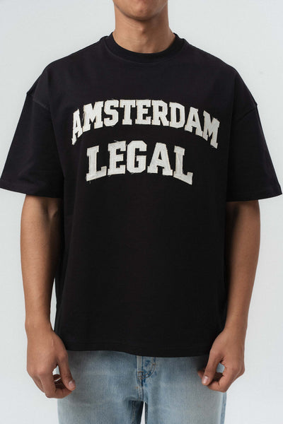 Amsterdam Legal Nakış Detaylı Siyah Oversize Baskılı T-Shirt