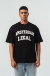 Amsterdam Legal Nakış Detaylı Siyah Oversize Baskılı T-Shirt