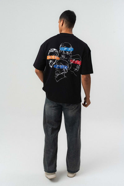 Art Figürlü Kabartmalı Siyah Oversize Baskılı T-Shirt