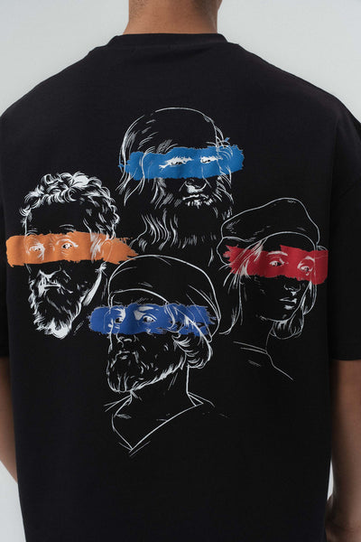 Art Figürlü Kabartmalı Siyah Oversize Baskılı T-Shirt