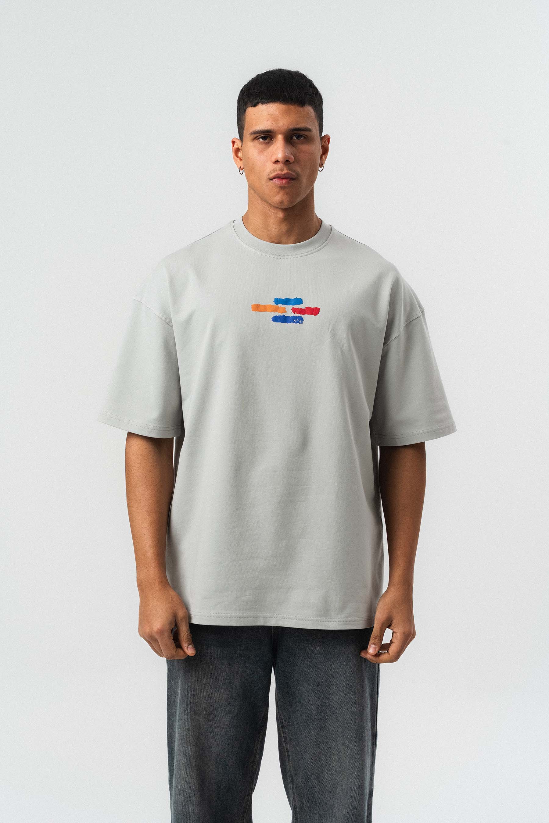 Art Figürlü Kabartmalı Gri Oversize Baskılı T-Shirt