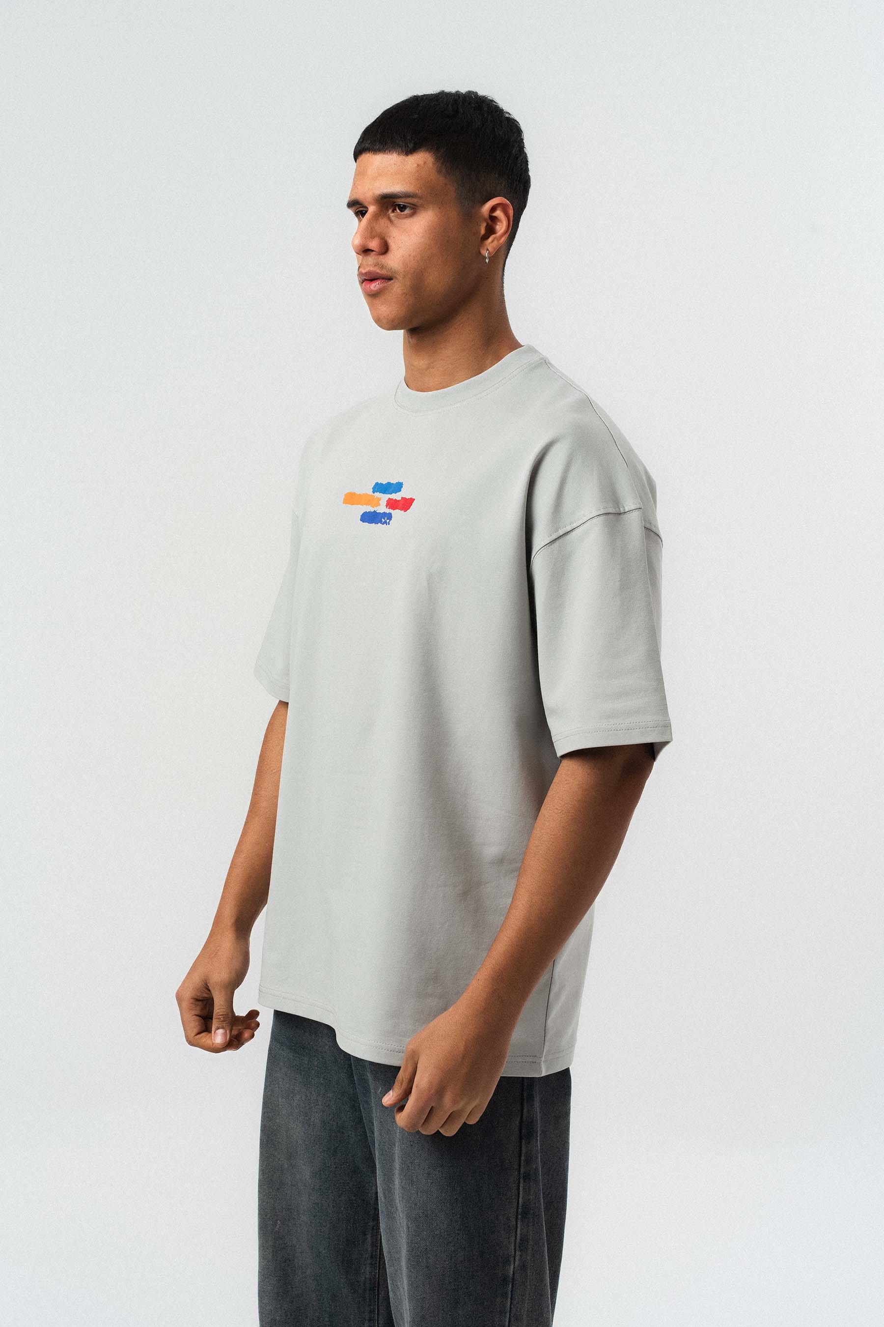 Art Figürlü Kabartmalı Gri Oversize Baskılı T-Shirt