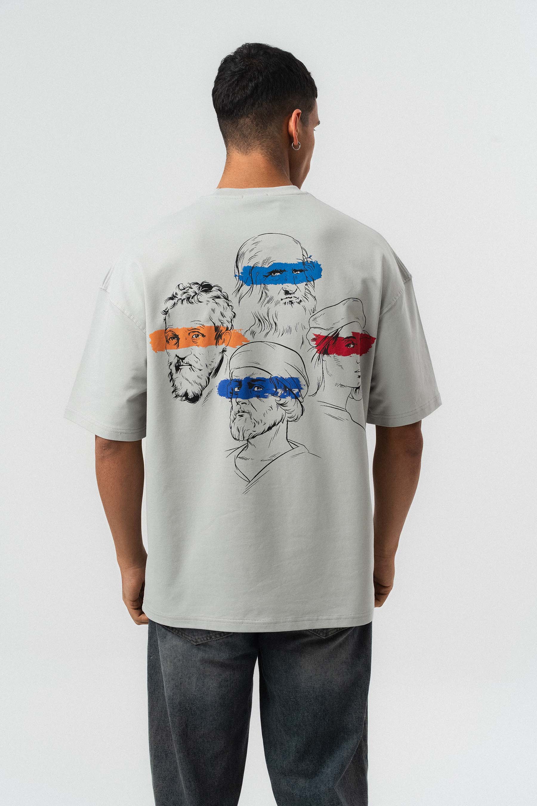 Art Figürlü Kabartmalı Gri Oversize Baskılı T-Shirt