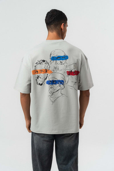 Art Figürlü Kabartmalı Gri Oversize Baskılı T-Shirt