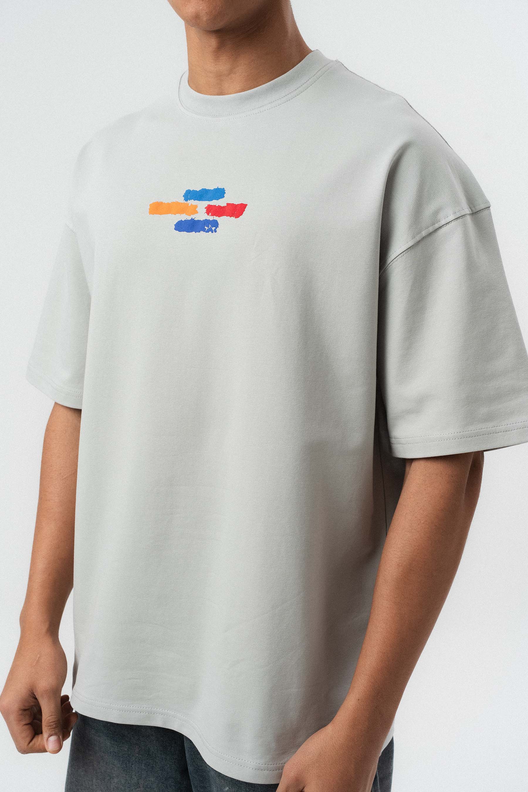 Art Figürlü Kabartmalı Gri Oversize Baskılı T-Shirt