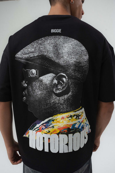 Biggie Smalls Kabartma Baskılı Siyah Oversize Baskılı T-Shirt
