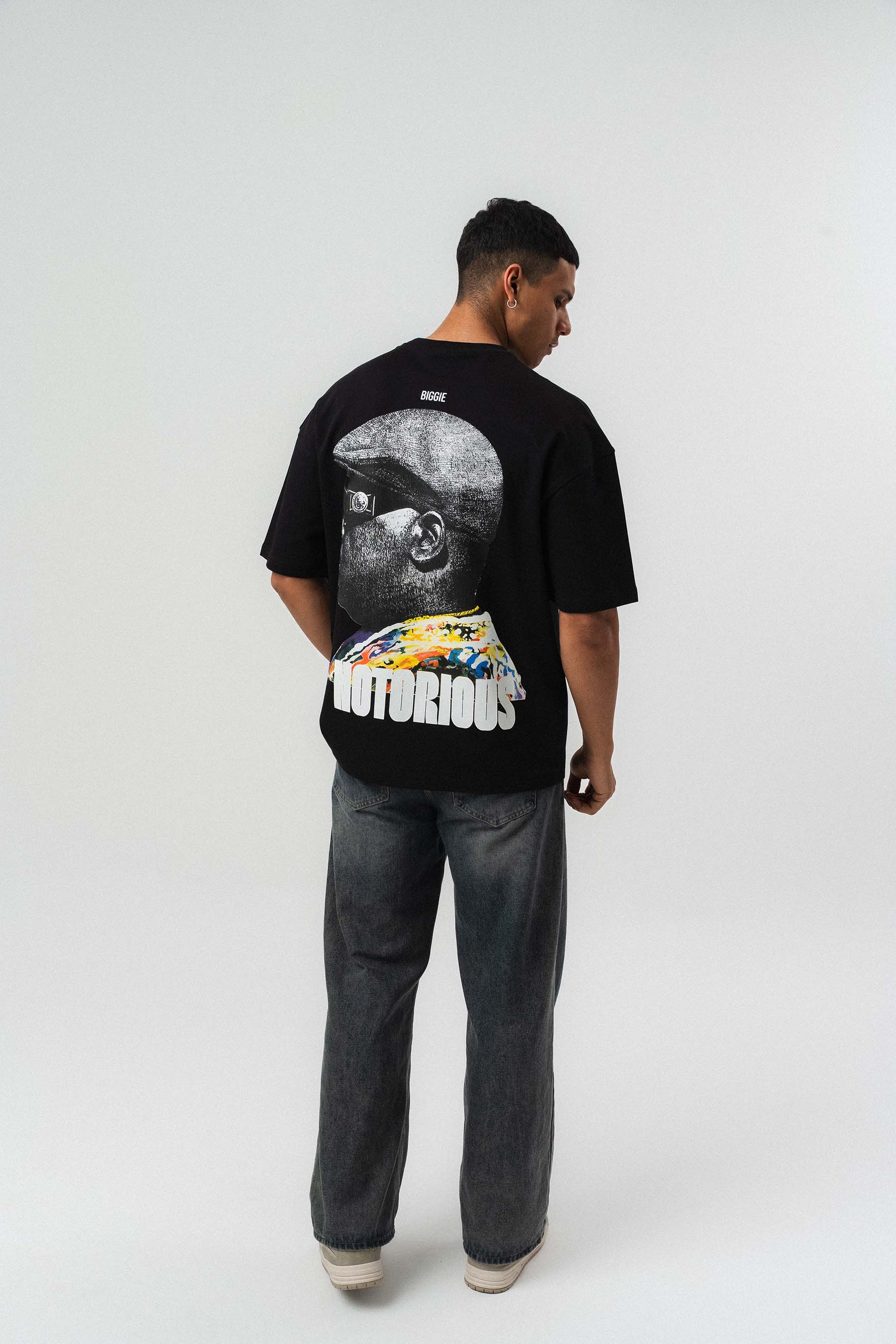 Biggie Smalls Kabartma Baskılı Siyah Oversize Baskılı T-Shirt