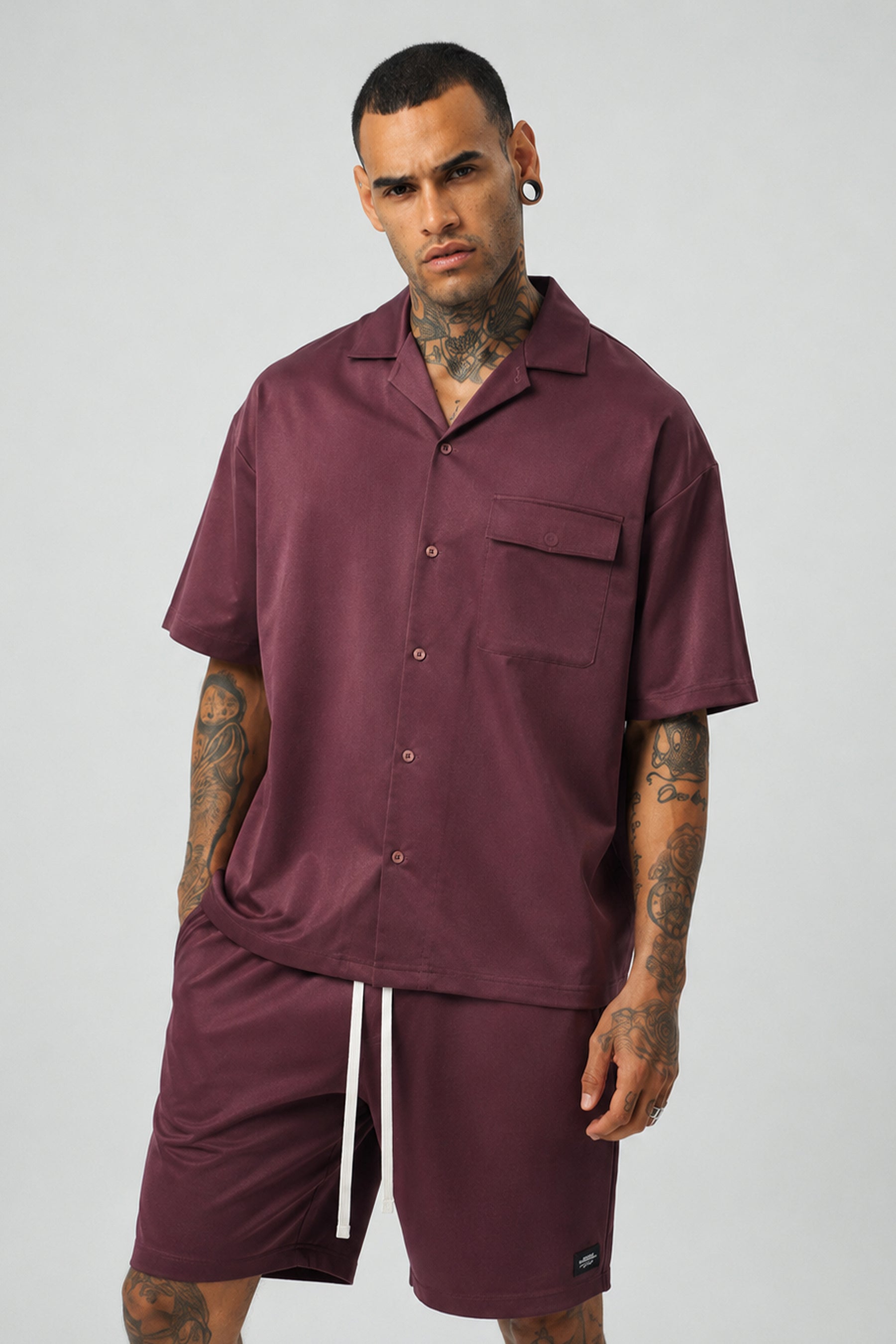 Ketenli Nakışlı Regular Fit Şort & Gömlek Bordo Takım
