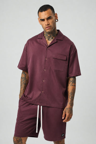 Ketenli Nakışlı Regular Fit Şort & Gömlek Bordo Takım