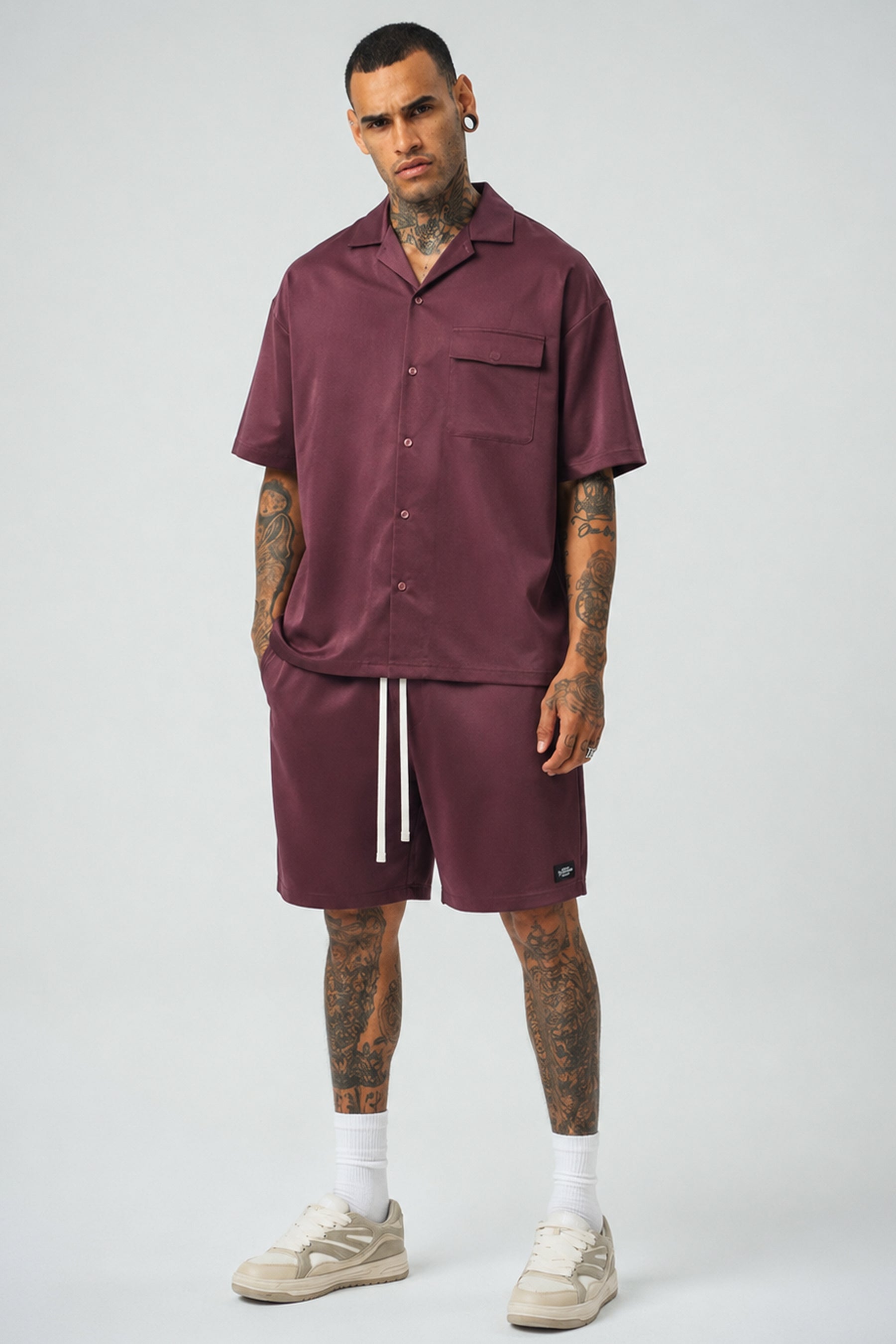 Ketenli Nakışlı Regular Fit Şort & Gömlek Bordo Takım