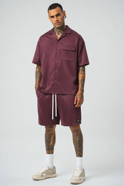 Ketenli Nakışlı Regular Fit Şort & Gömlek Bordo Takım