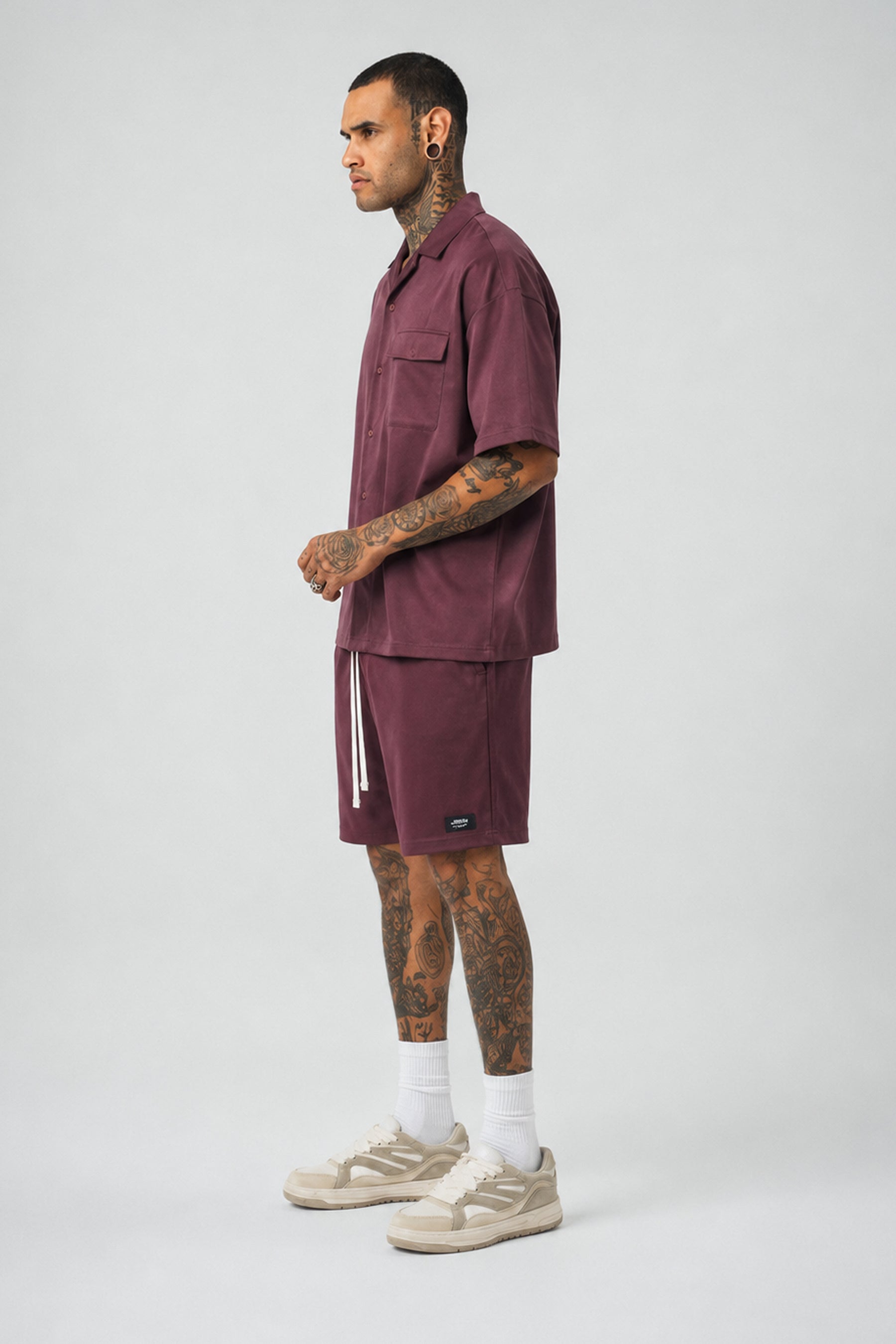 Ketenli Nakışlı Regular Fit Şort & Gömlek Bordo Takım