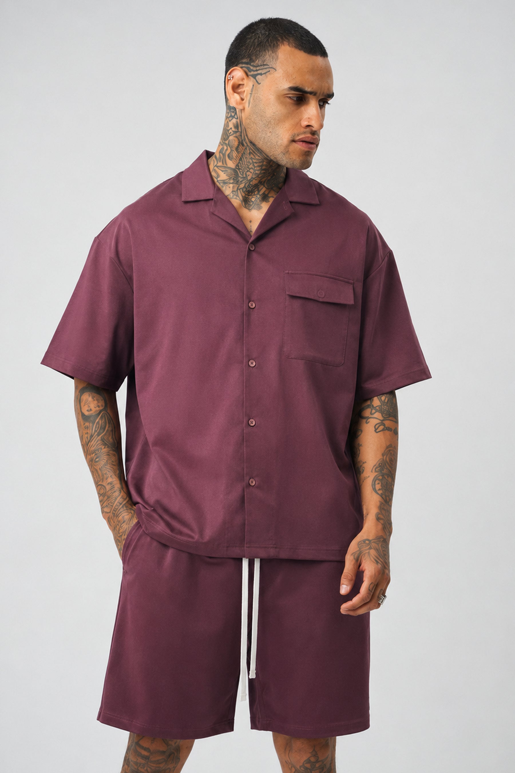 Ketenli Nakışlı Regular Fit Şort & Gömlek Bordo Takım