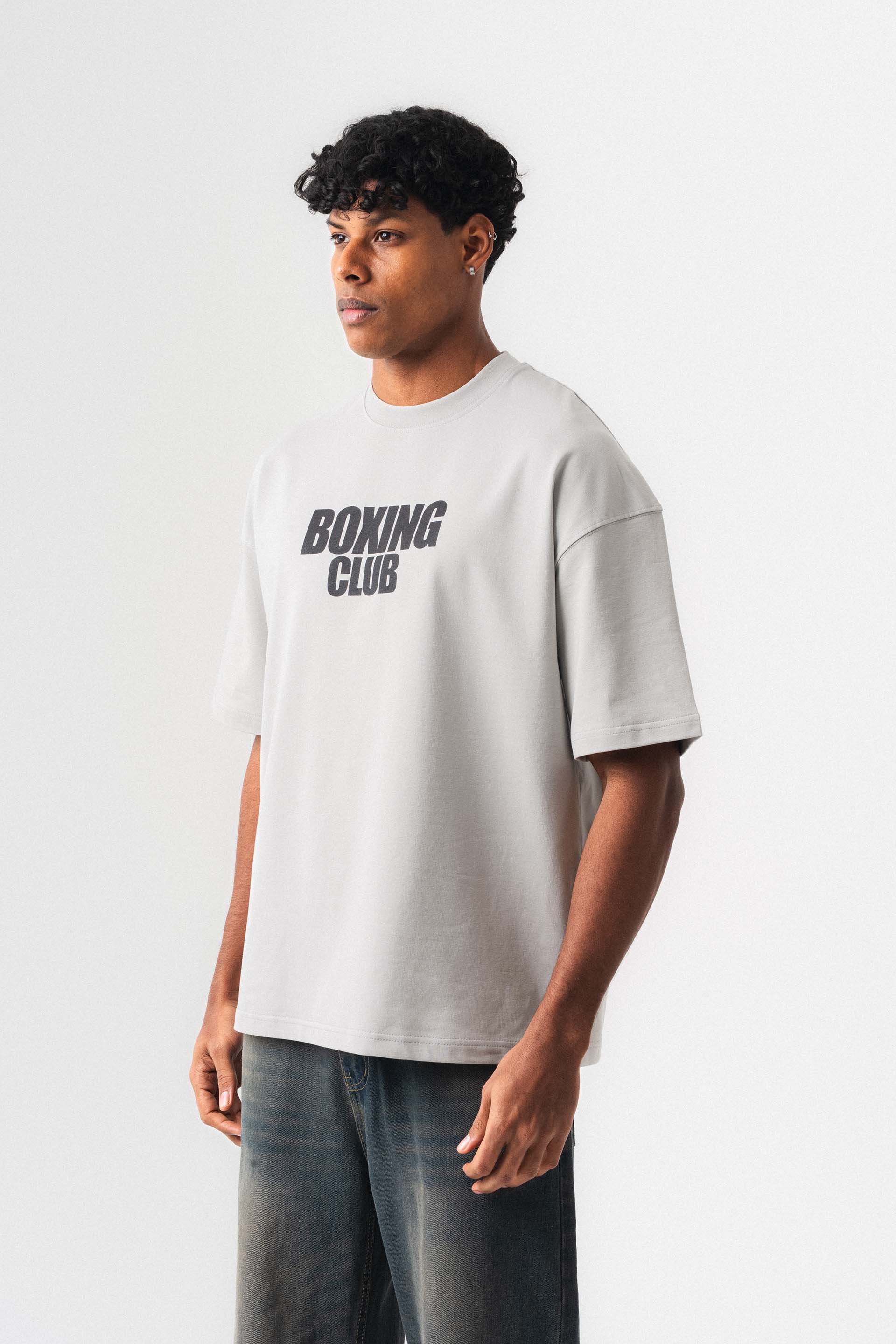 Boxing Club Baskılı Oversize T-Shirt Gri