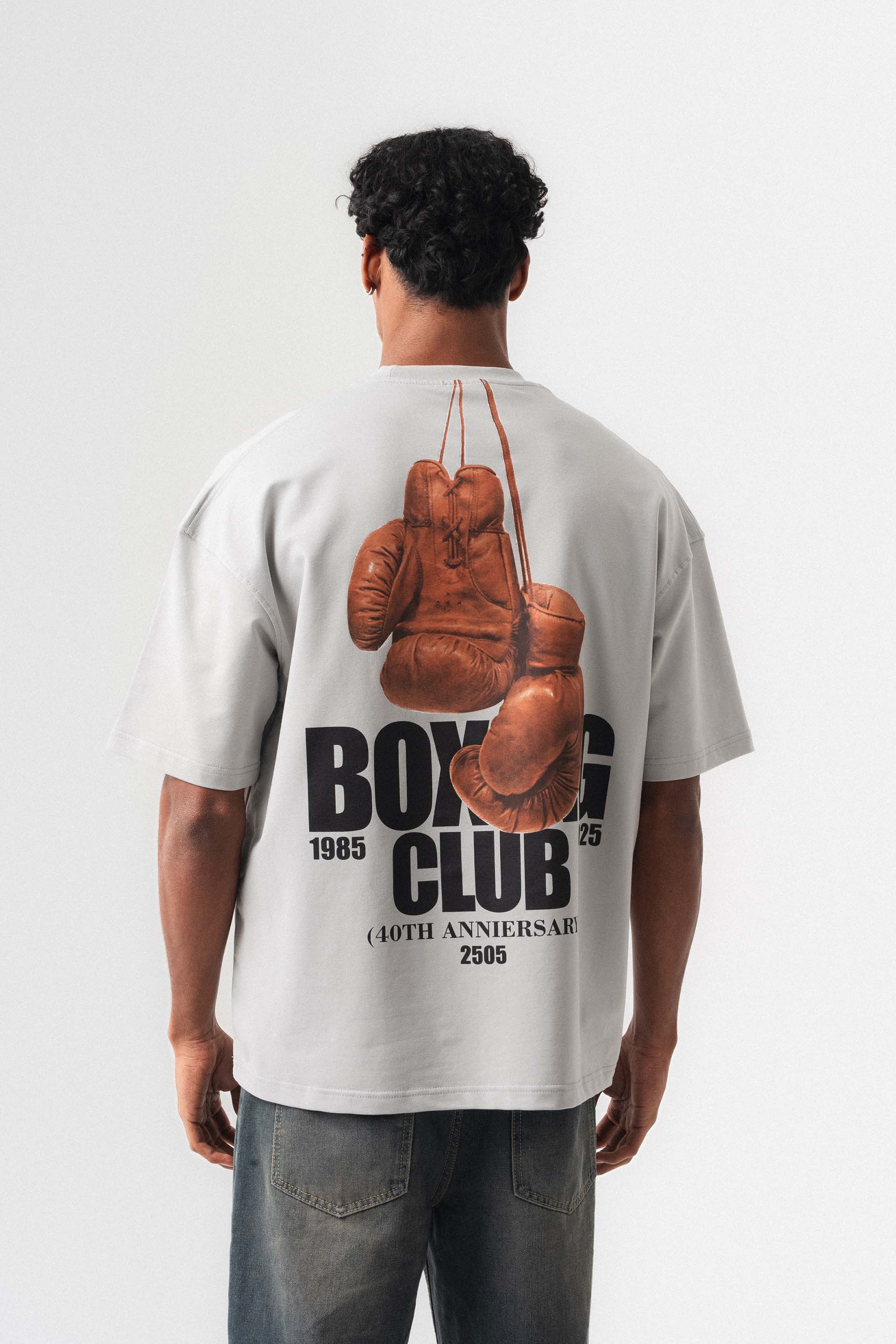 Boxing Club Baskılı Oversize T-Shirt Gri