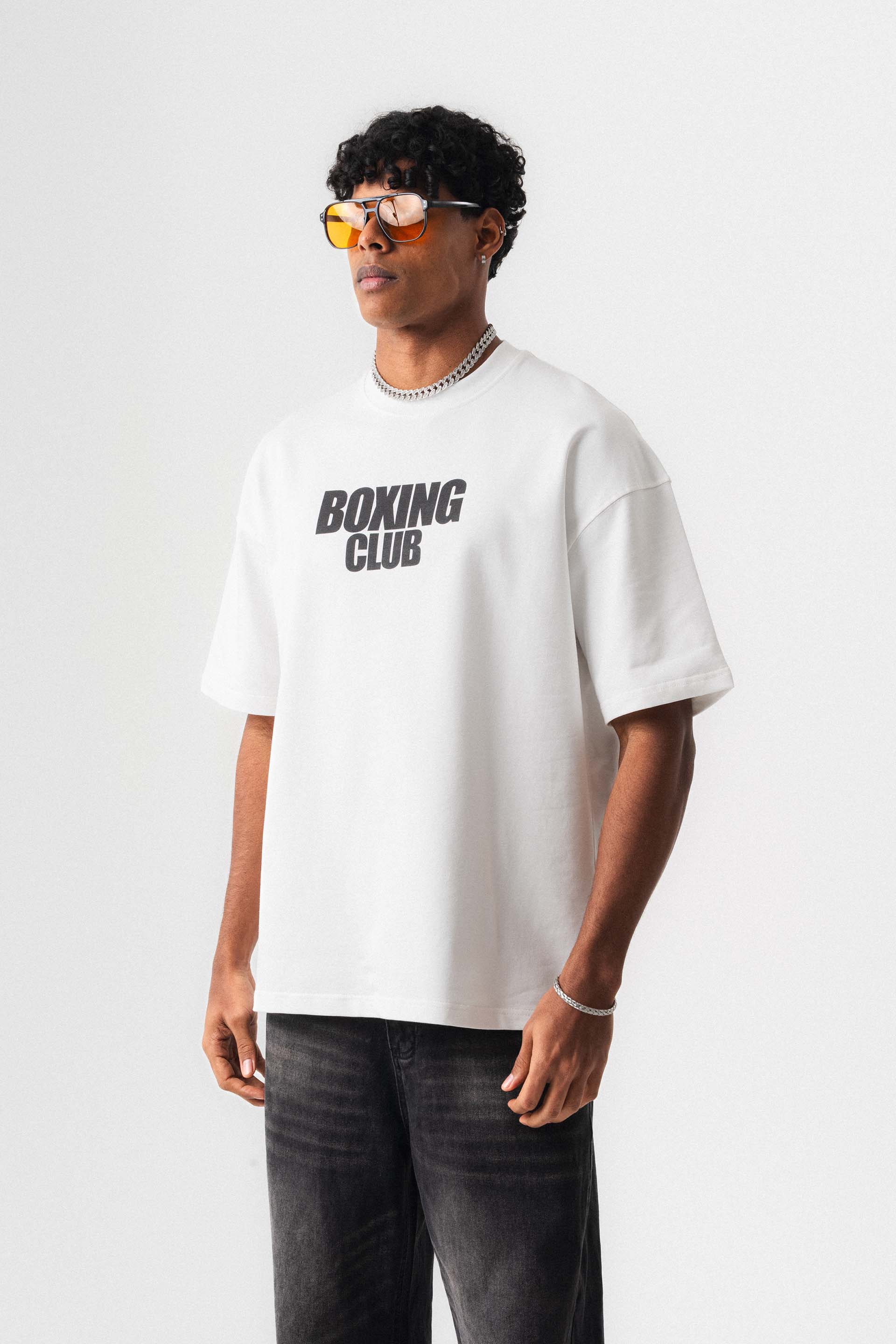 Boxing Club Baskılı Oversize T-Shirt Beyaz
