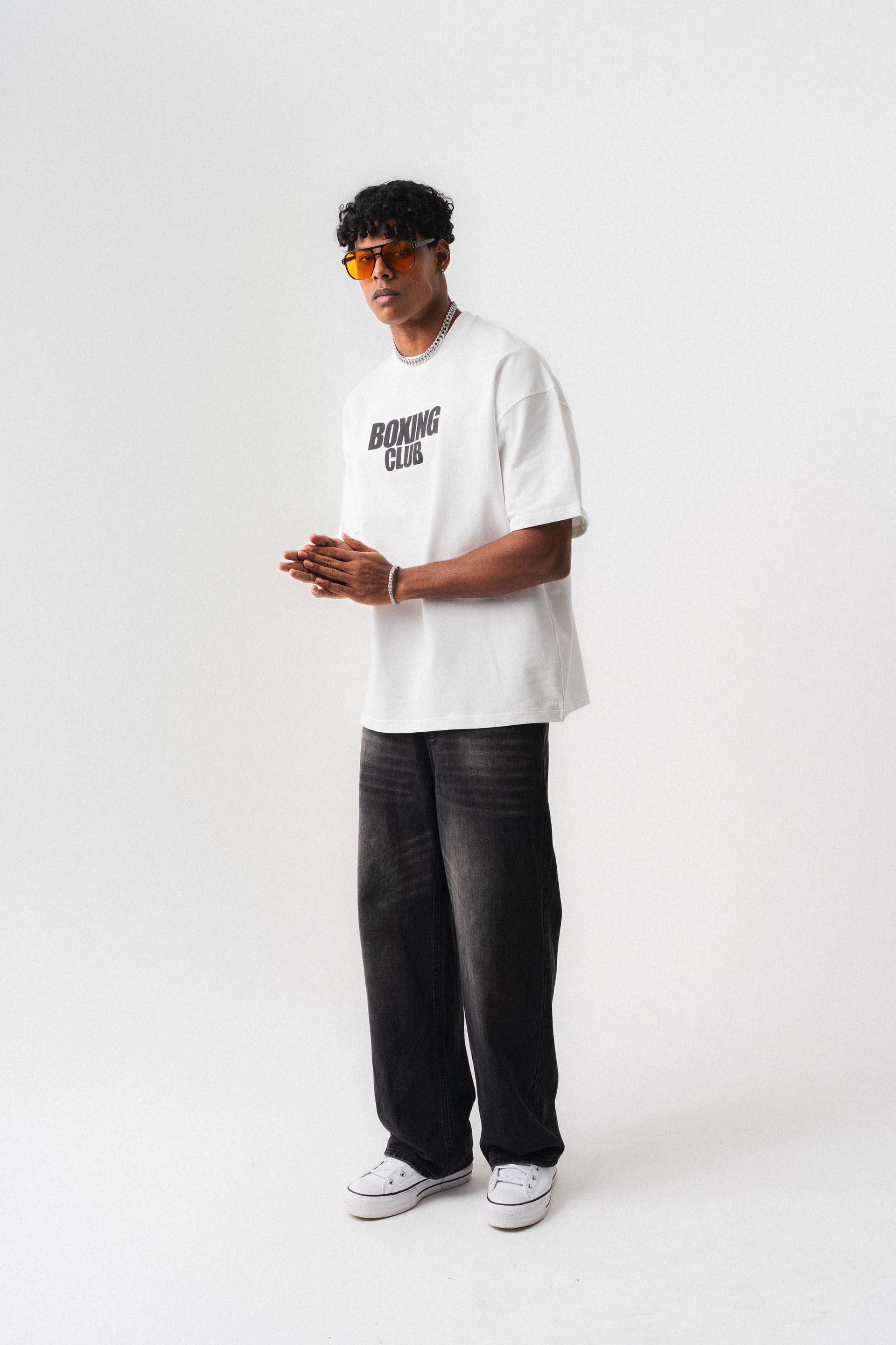 Boxing Club Baskılı Oversize T-Shirt Beyaz