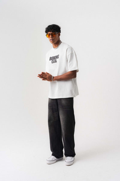 Boxing Club Baskılı Oversize T-Shirt Beyaz