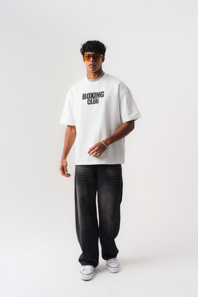 Boxing Club Baskılı Oversize T-Shirt Beyaz