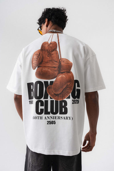 Boxing Club Baskılı Oversize T-Shirt Beyaz