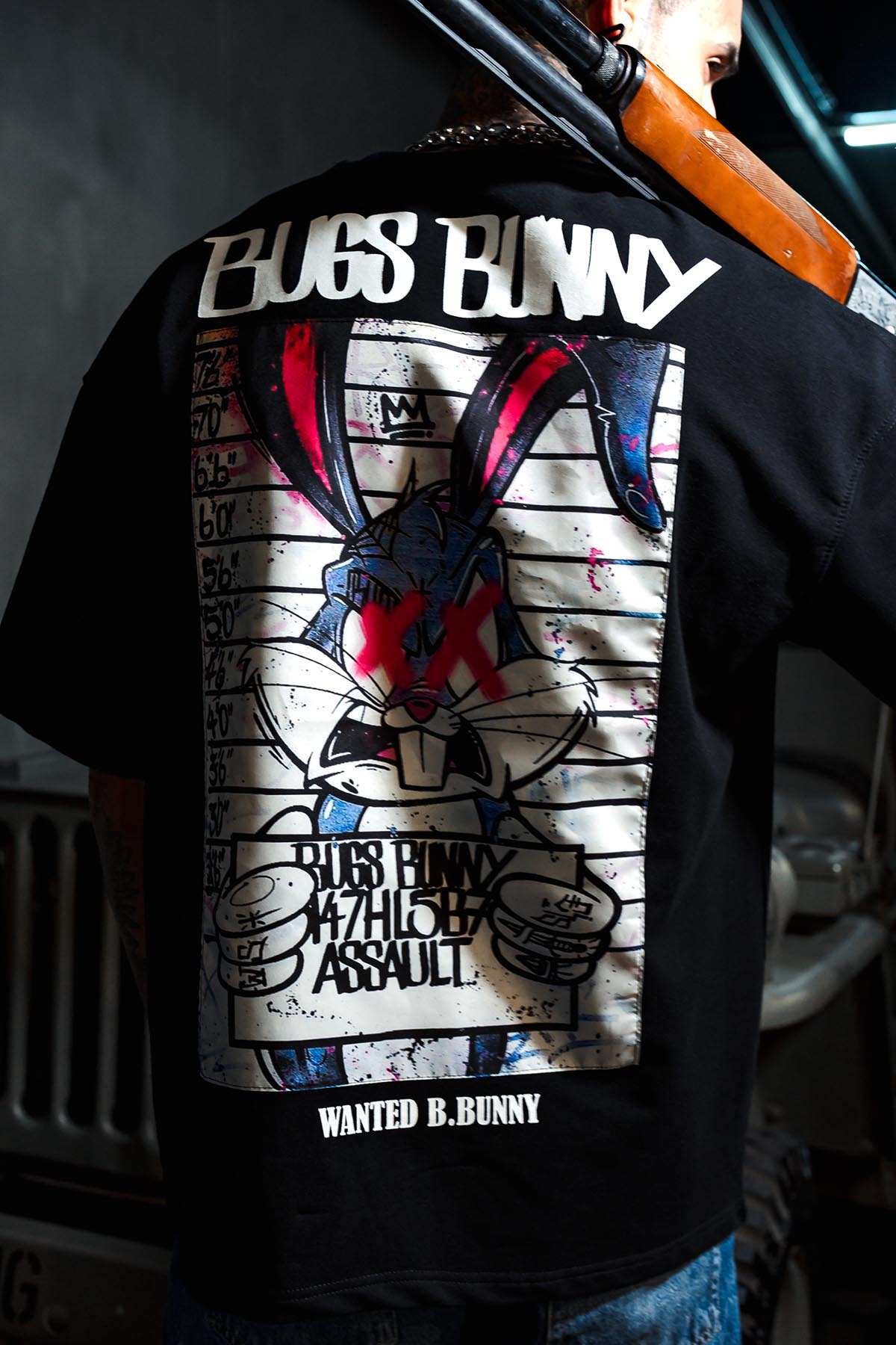 Bugs Bunny X İşaretli Patch baskı Oversize Siyah Tshirt