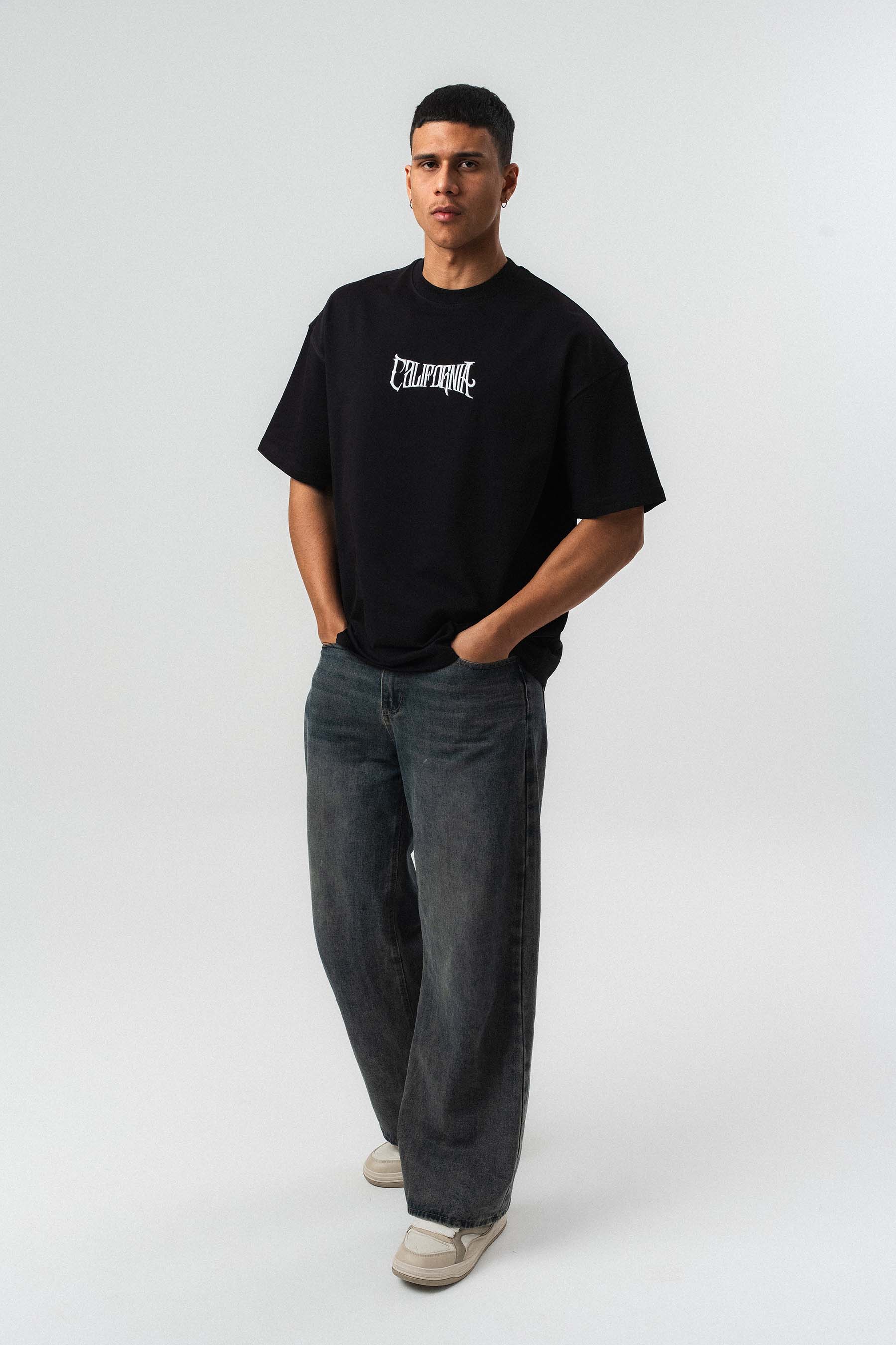 California Baskılı Siyah Oversize Baskılı T-Shirt