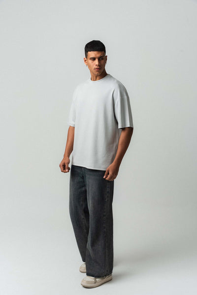 Nakış Detaylı Çizgili Premium Oversize T-Shirt Gri
