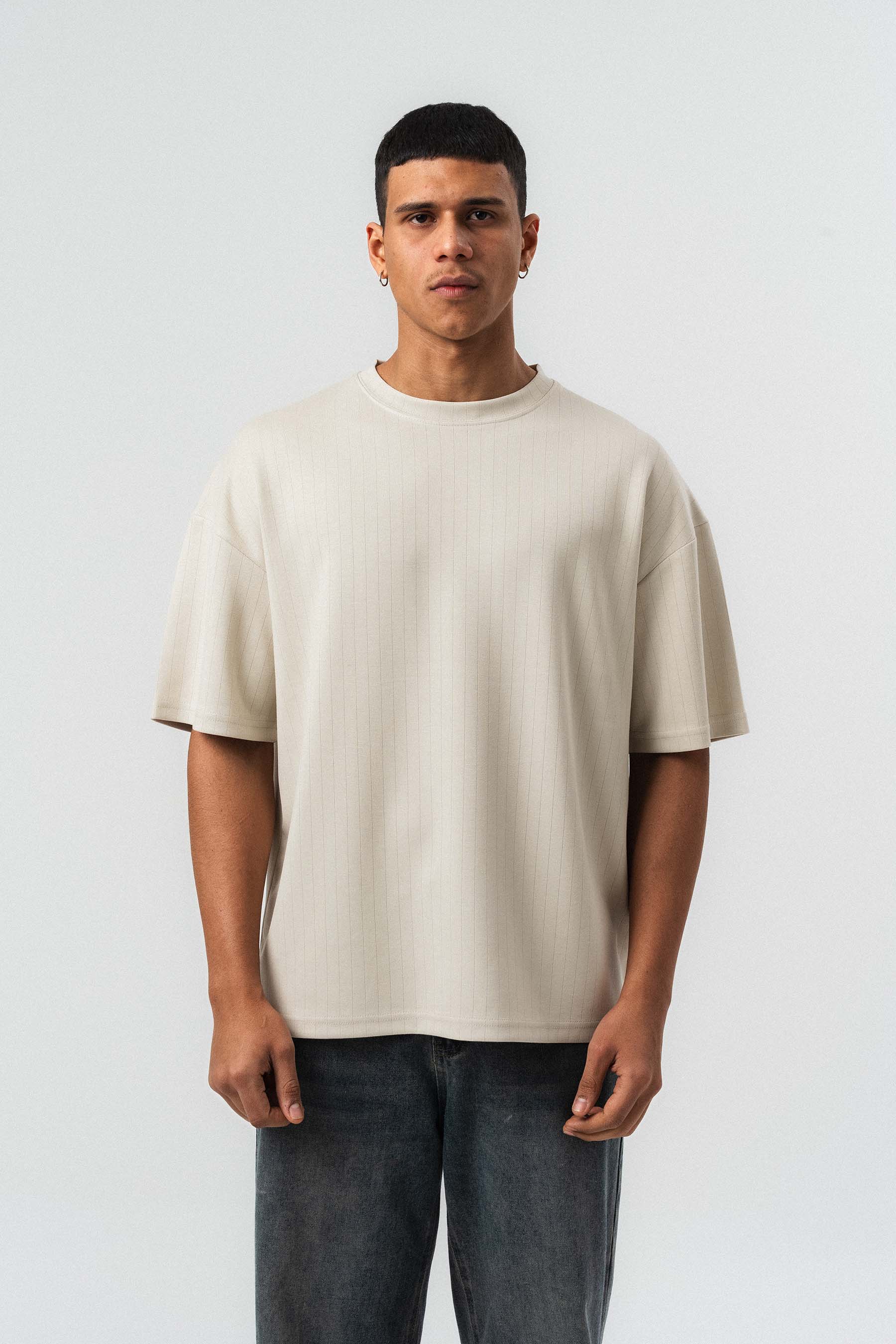 Nakış Detaylı Çizgili Premium Oversize T-Shirt Bej