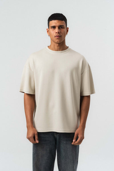 Nakış Detaylı Çizgili Premium Oversize T-Shirt Bej