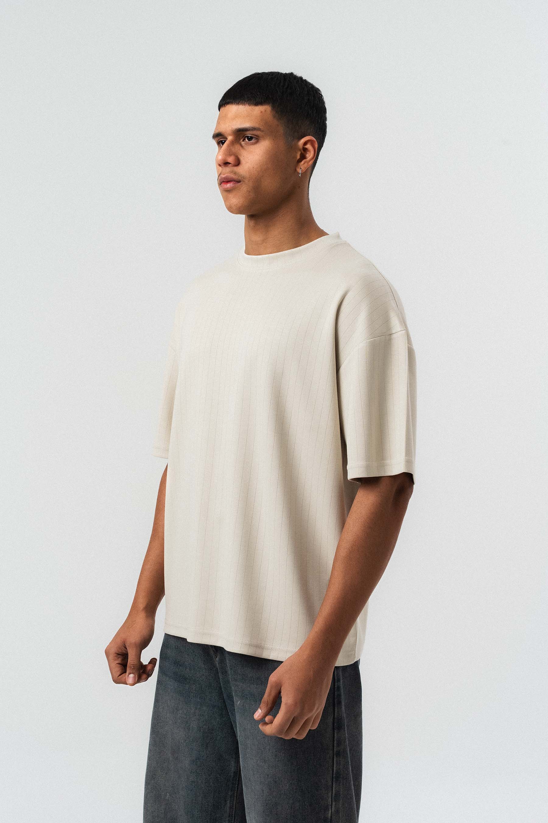 Nakış Detaylı Çizgili Premium Oversize T-Shirt Bej